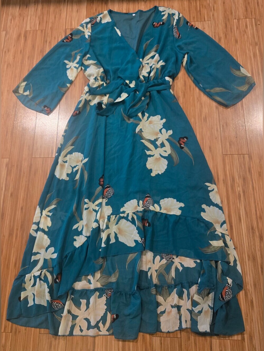 Green Floral Maxi Dress with High Low Bottom